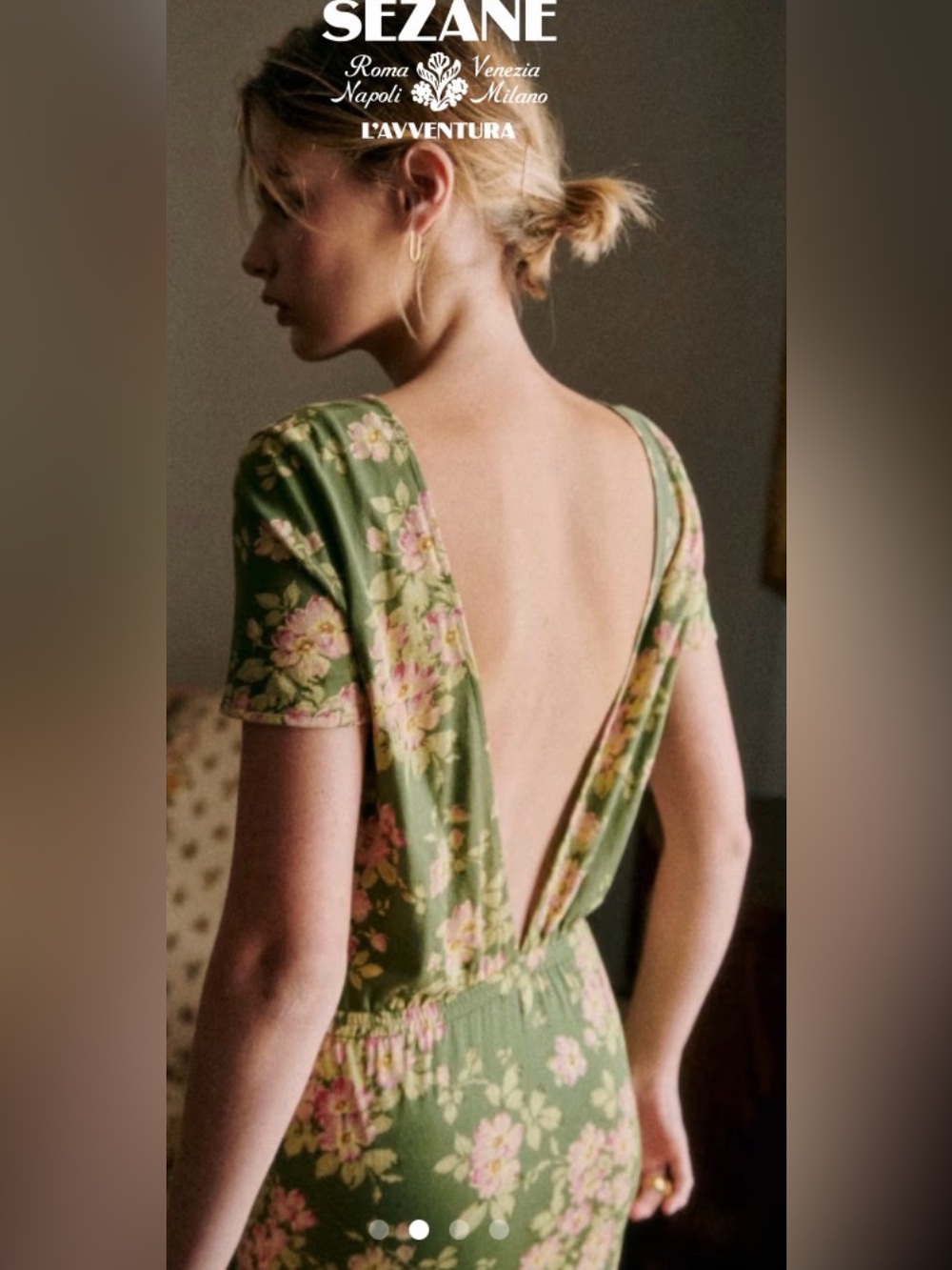 Sézane Luce Dress – Green Floral Pink Flowers, Low Back – XS